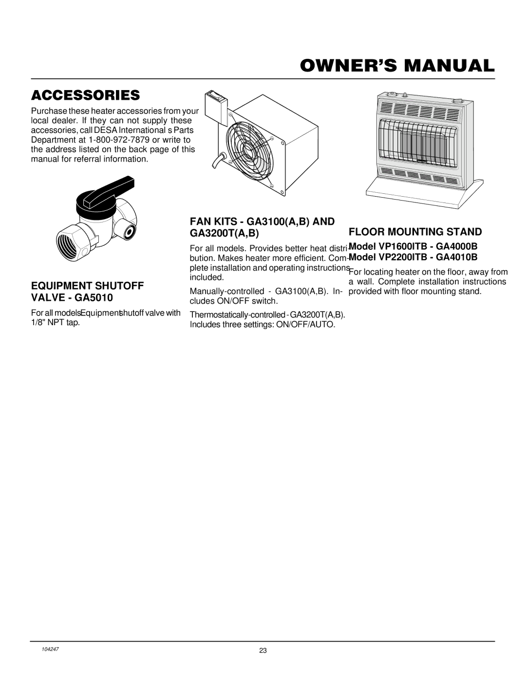 Desa VP1600ITB, VP2200ITB installation manual Accessories, Equipment Shutoff Valve GA5010, Floor Mounting Stand 