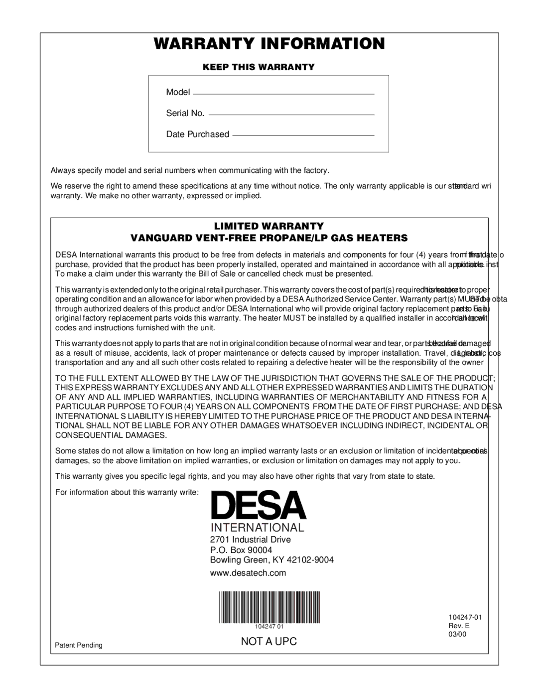 Desa VP2200ITB, VP1600ITB installation manual Warranty Information 