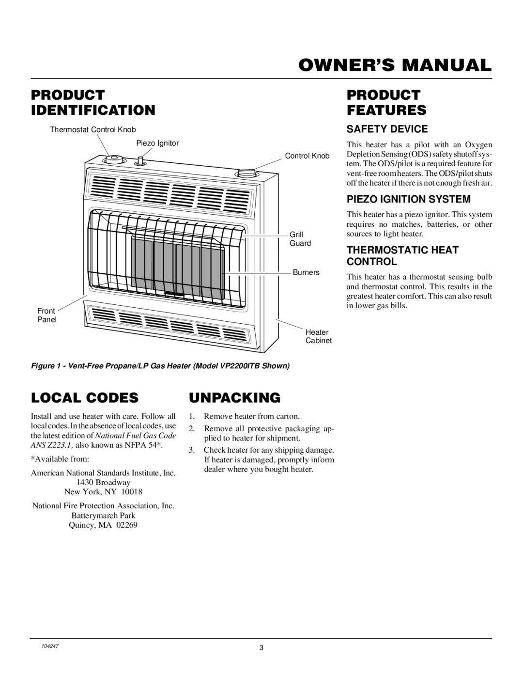 Desa VP1600ITB, VP2200ITB installation manual Product Identification, Product Features, Local Codes, Unpacking 