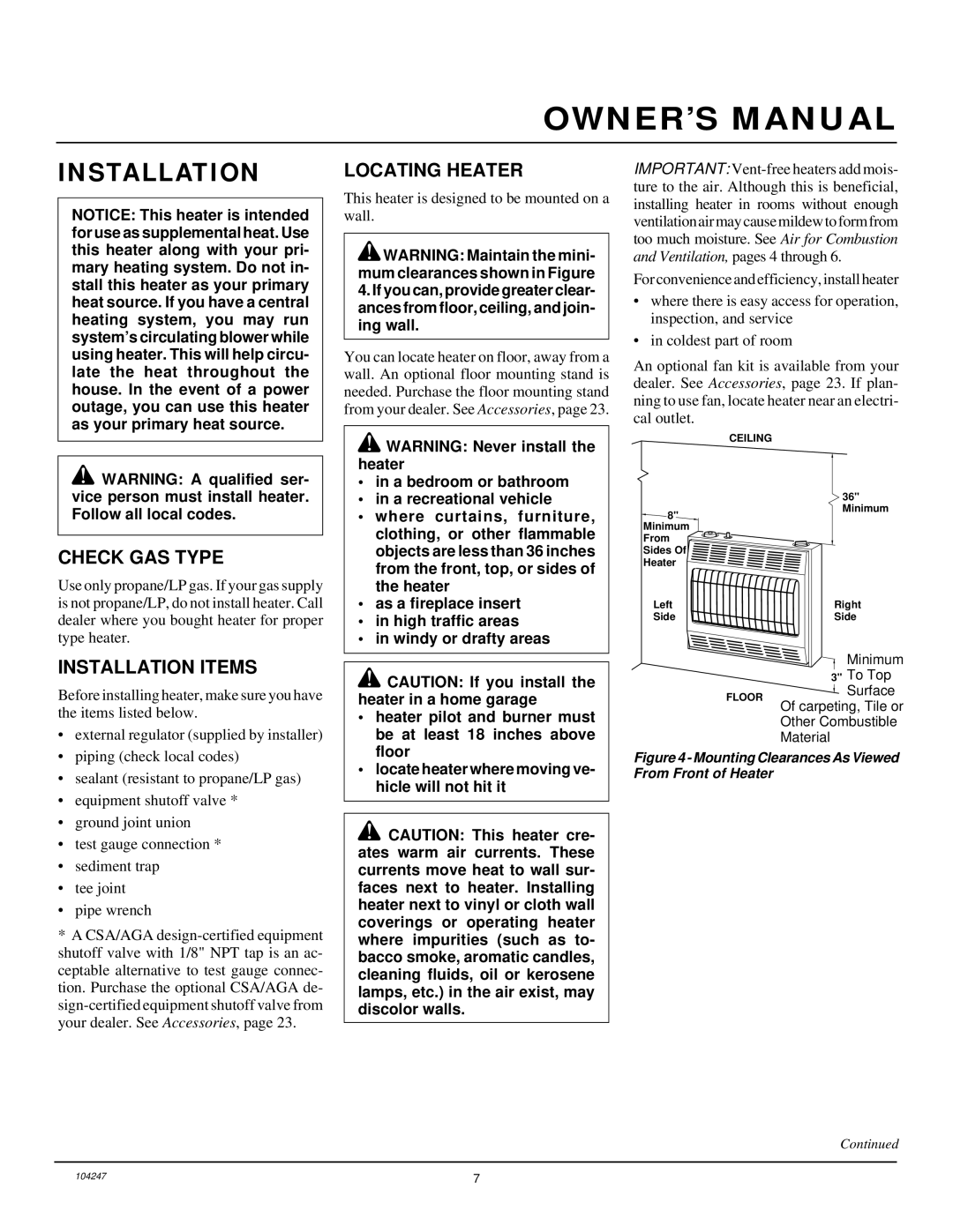 Desa VP1600ITB, VP2200ITB installation manual Locating Heater, Check GAS Type, Installation Items 