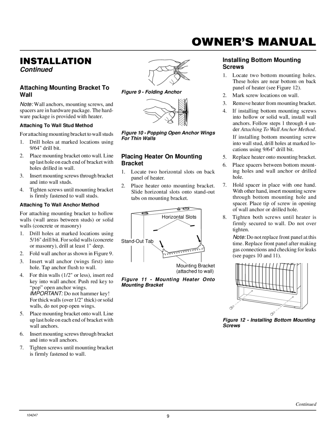 Desa VP1600ITB Attaching Mounting Bracket To Wall, Placing Heater On Mounting Bracket, Installing Bottom Mounting Screws 