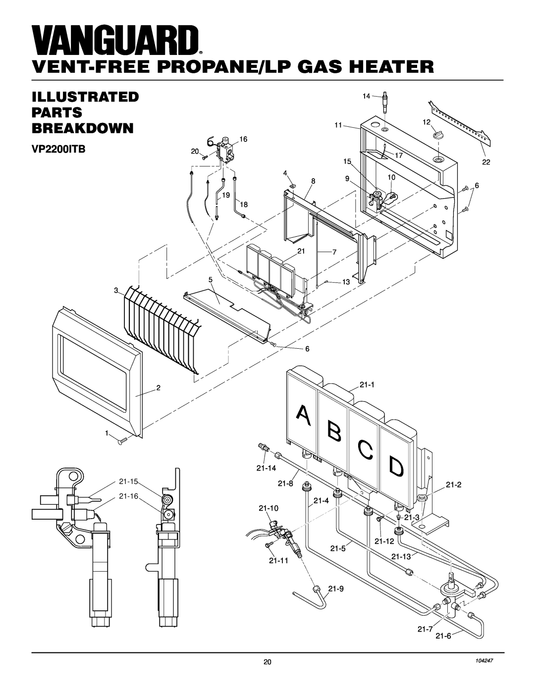 Desa VP2200ITB, VP1600ITB installation manual Vent-Freepropane/Lp Gas Heater, Illustrated Parts Breakdown, 19 18, 104247 