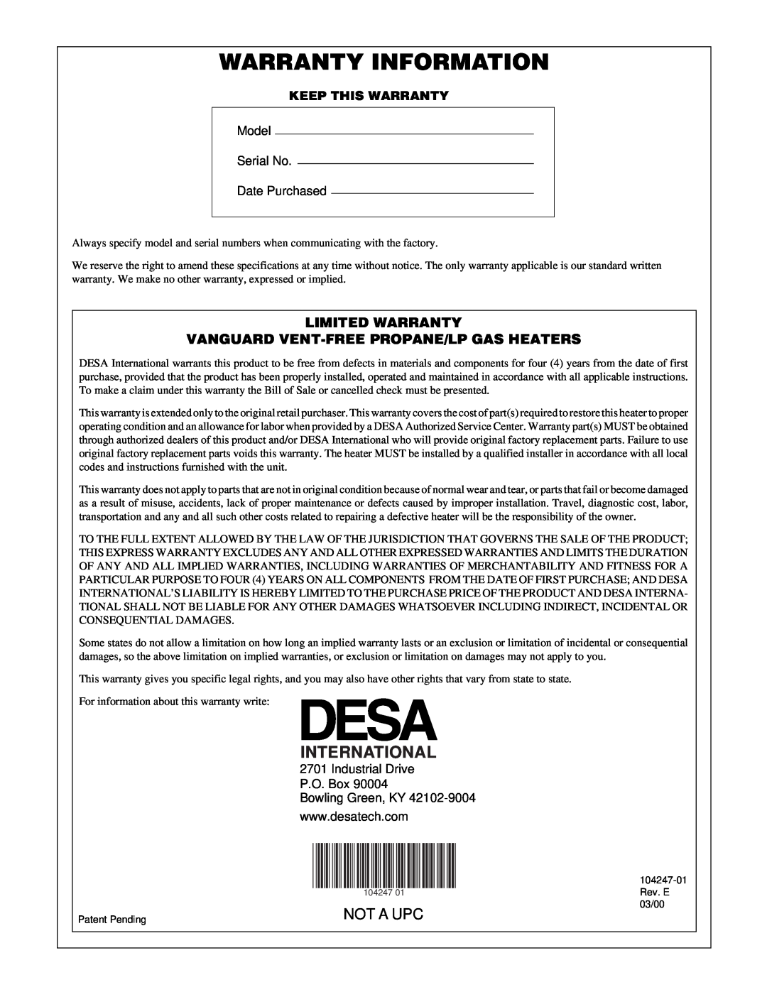 Desa VP2200ITB Warranty Information, International, Not A Upc, Limited Warranty, Vanguard Vent-Freepropane/Lp Gas Heaters 