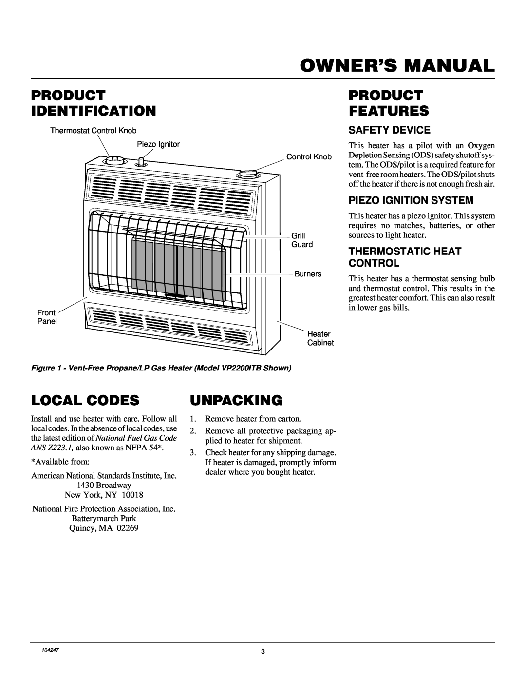 Desa VP1600ITB, VP2200ITB installation manual Product Identification, Product Features, Local Codes, Unpacking 