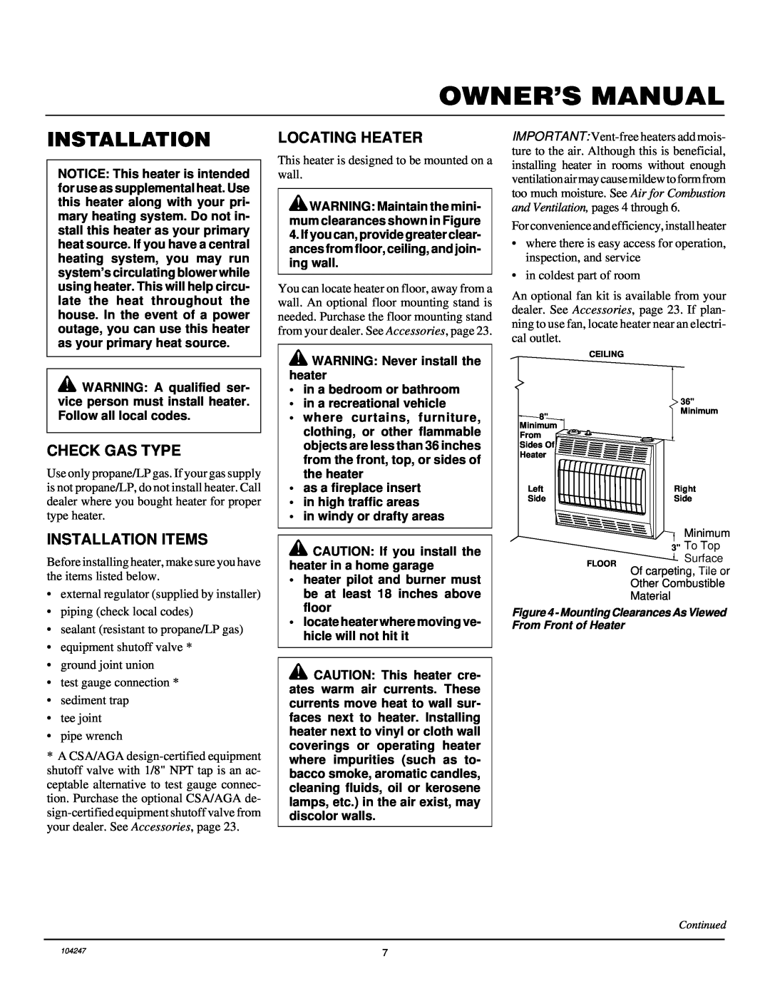 Desa VP1600ITB, VP2200ITB installation manual Locating Heater, Check Gas Type, Installation Items 