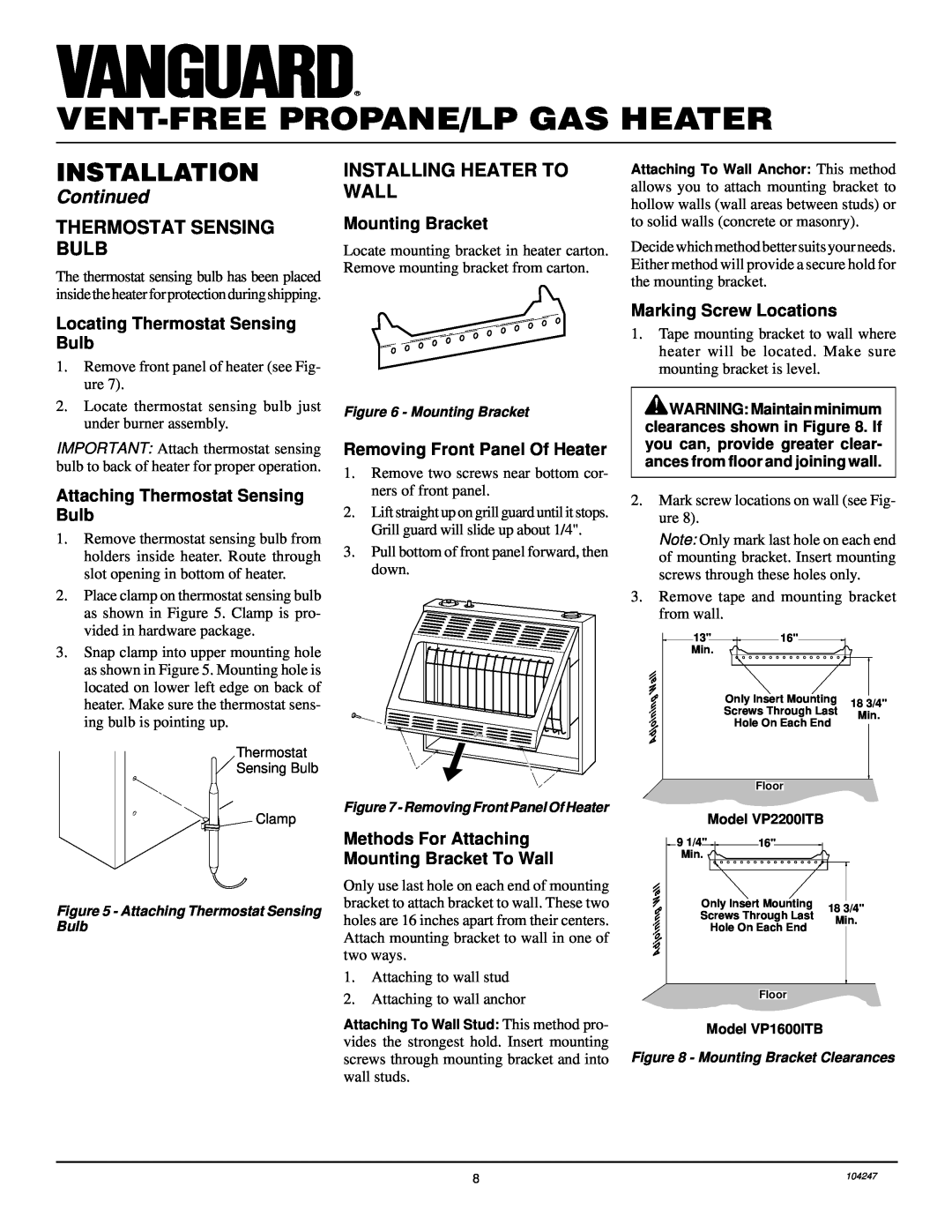 Desa VP2200ITB Vent-Freepropane/Lp Gas Heater, Installation, Continued, Locating Thermostat Sensing Bulb, Mounting Bracket 
