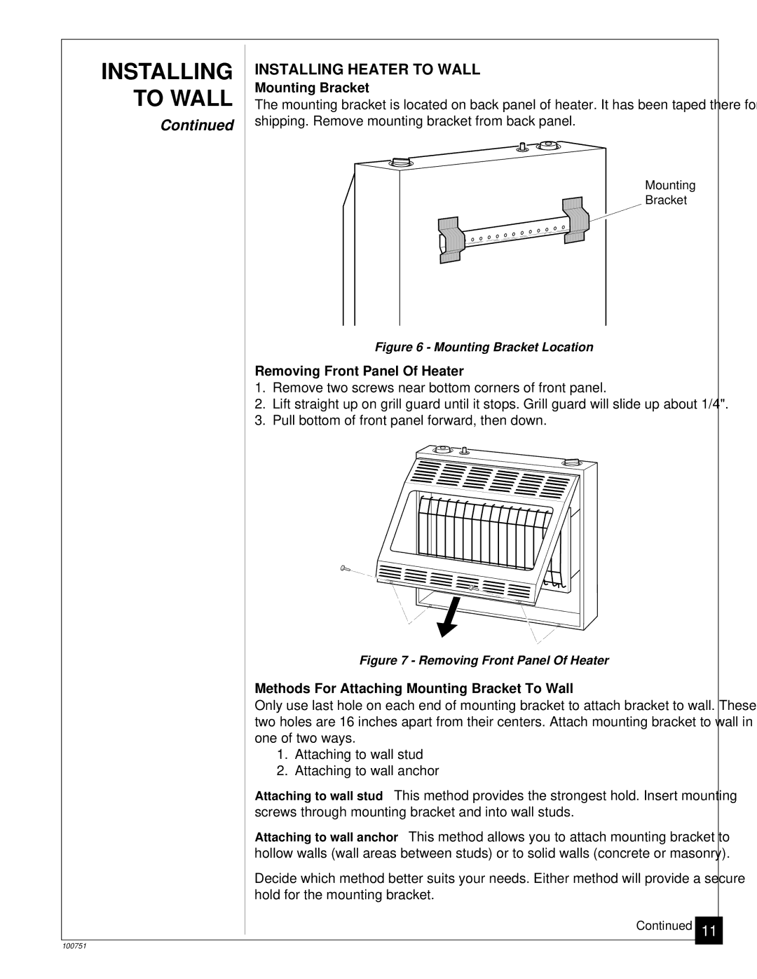 Desa VP2200IT, VP2600C, VP1600IT, VP1600C Installing Heater to Wall, Mounting Bracket, Removing Front Panel Of Heater 