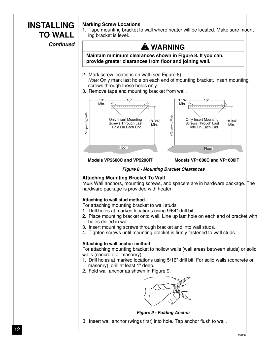 Desa VP2600C, VP1600IT, VP1600C, VP2200IT installation manual Marking Screw Locations, Attaching Mounting Bracket To Wall 