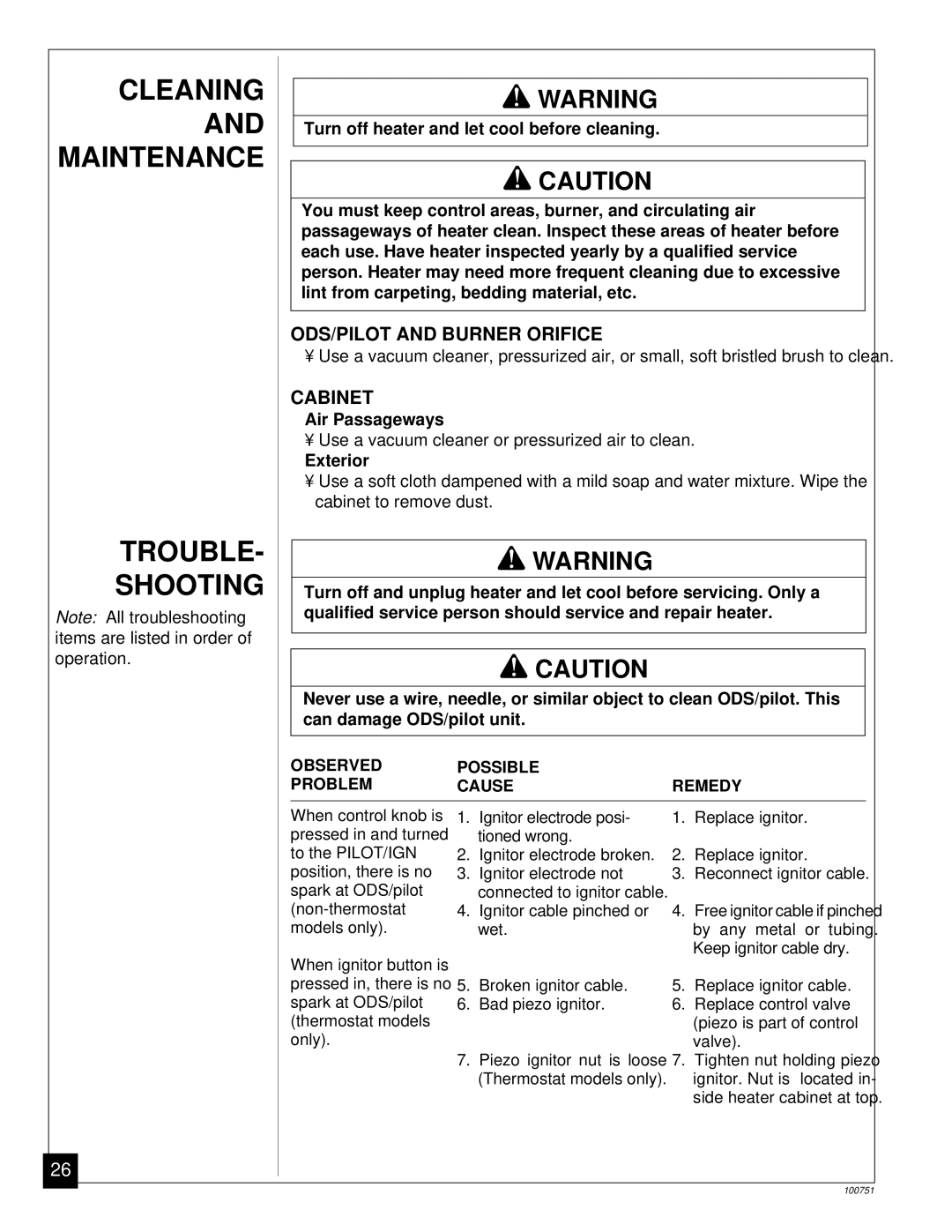 Desa VP1600C, VP2600C, VP1600IT, VP2200IT Cleaning, Maintenance, Trouble Shooting, ODS/PILOT and Burner Orifice, Cabinet 