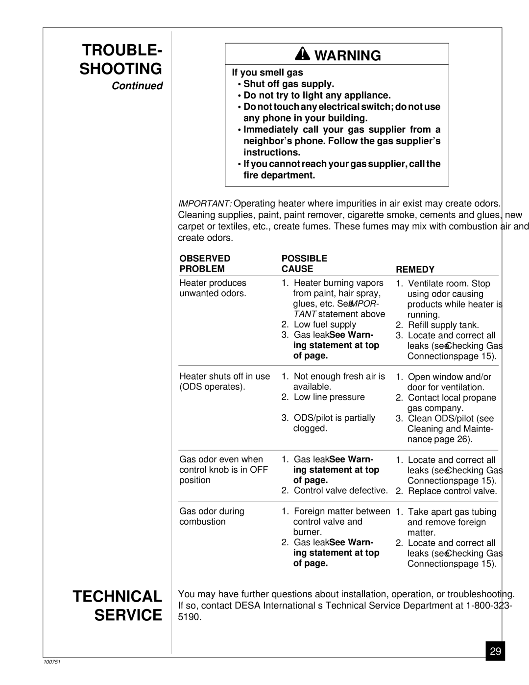 Desa VP1600IT, VP2600C, VP1600C, VP2200IT installation manual Technical, Service, If you smell gas, Shut off gas supply 