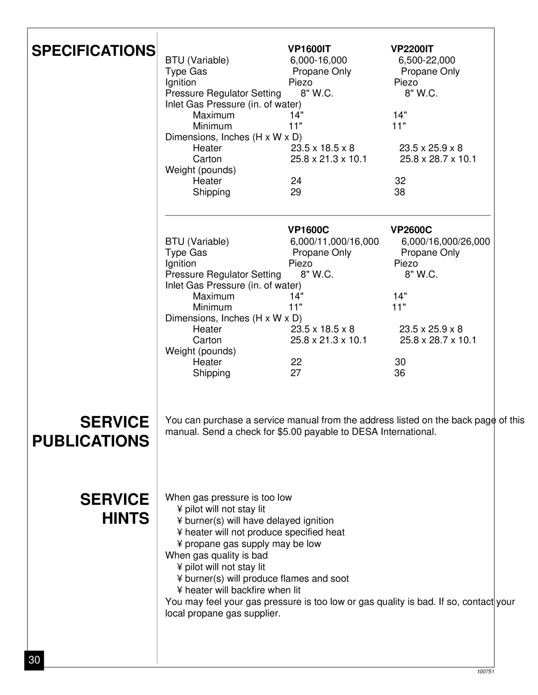 Desa installation manual Service Publications Hints, VP1600IT VP2200IT, VP1600C VP2600C 