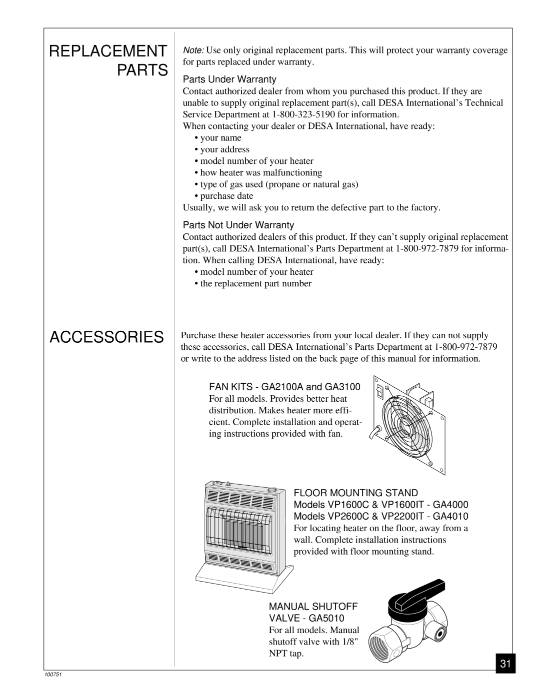 Desa VP2200IT, VP2600C, VP1600IT, VP1600C installation manual Replacement Parts, Accessories 