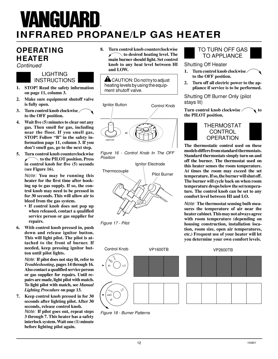 Desa VP2600TB Lighting Instructions, To Turn OFF GAS To Appliance, Thermostat Control Operation, Shutting Off Heater 