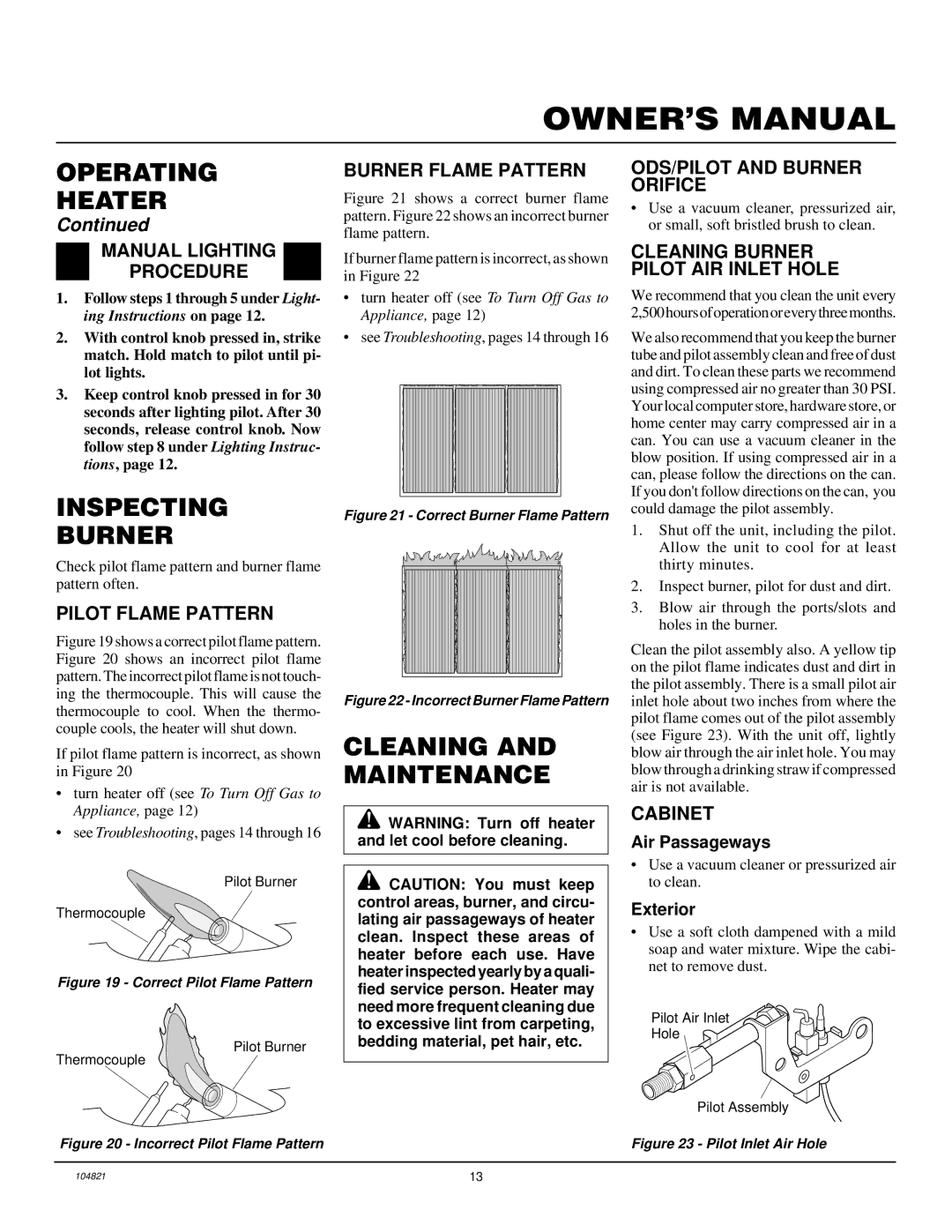 Desa VP1600TB, VP2600TB installation manual Inspecting Burner, Cleaning and Maintenance 