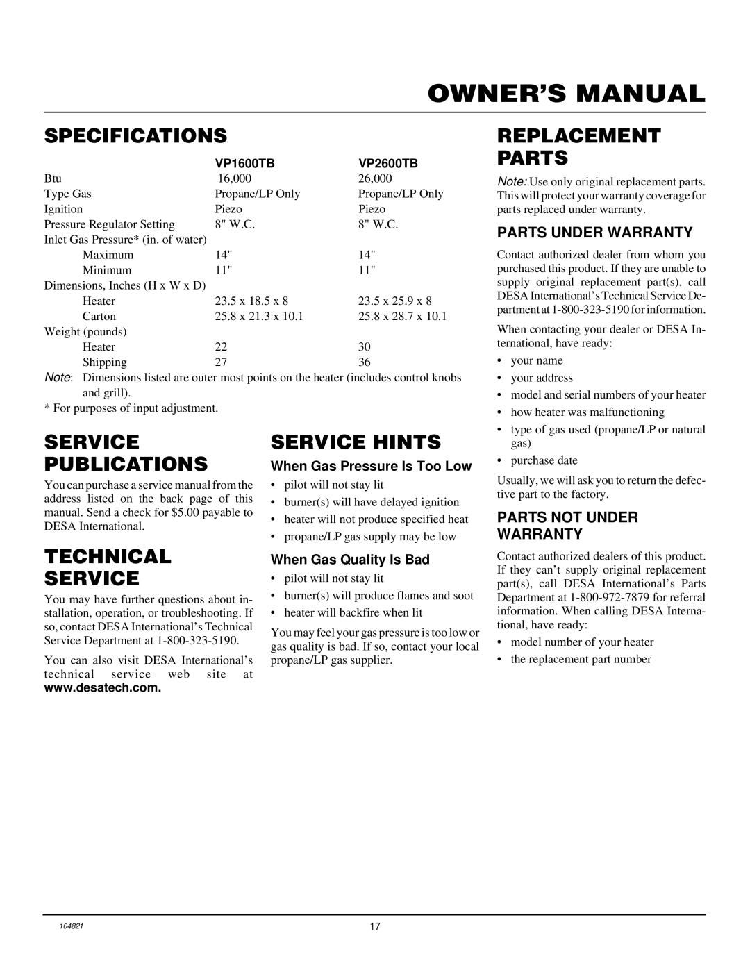 Desa VP1600TB, VP2600TB installation manual Specifications, Replacement Parts, Service Publications Technical, Service Hints 