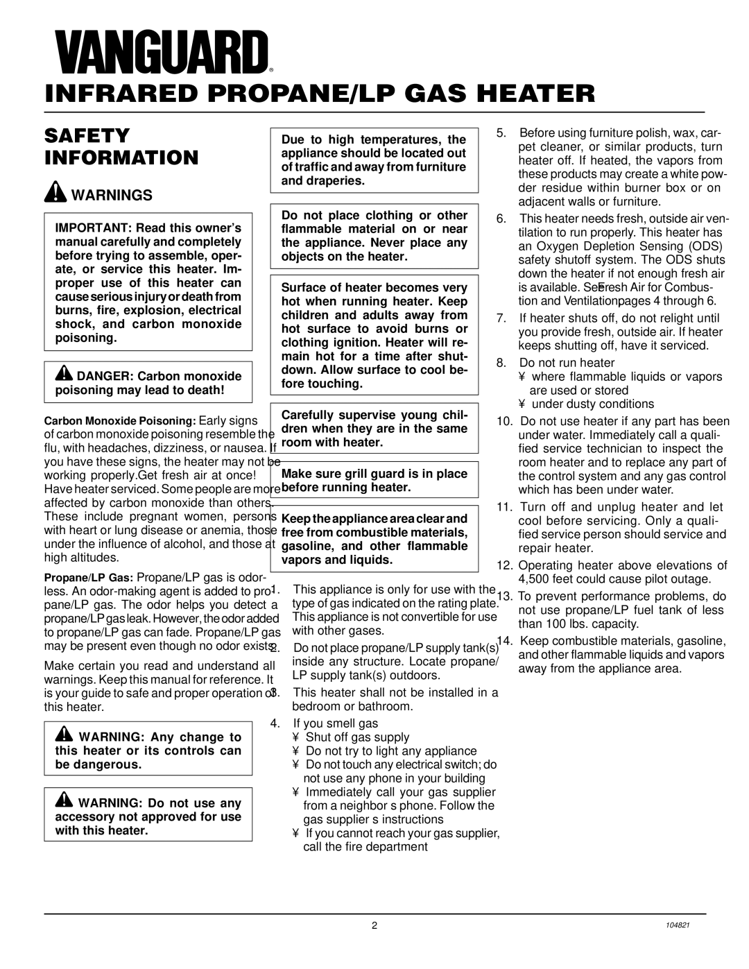 Desa VP2600TB, VP1600TB installation manual Infrared PROPANE/LP GAS Heater, Safety Information 