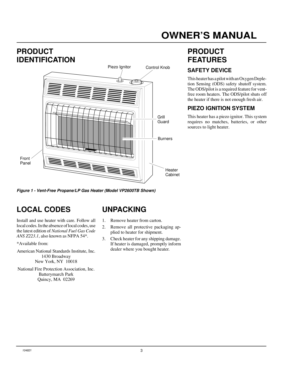 Desa VP1600TB Product Identification, Product Features, Local Codes Unpacking, Safety Device, Piezo Ignition System 