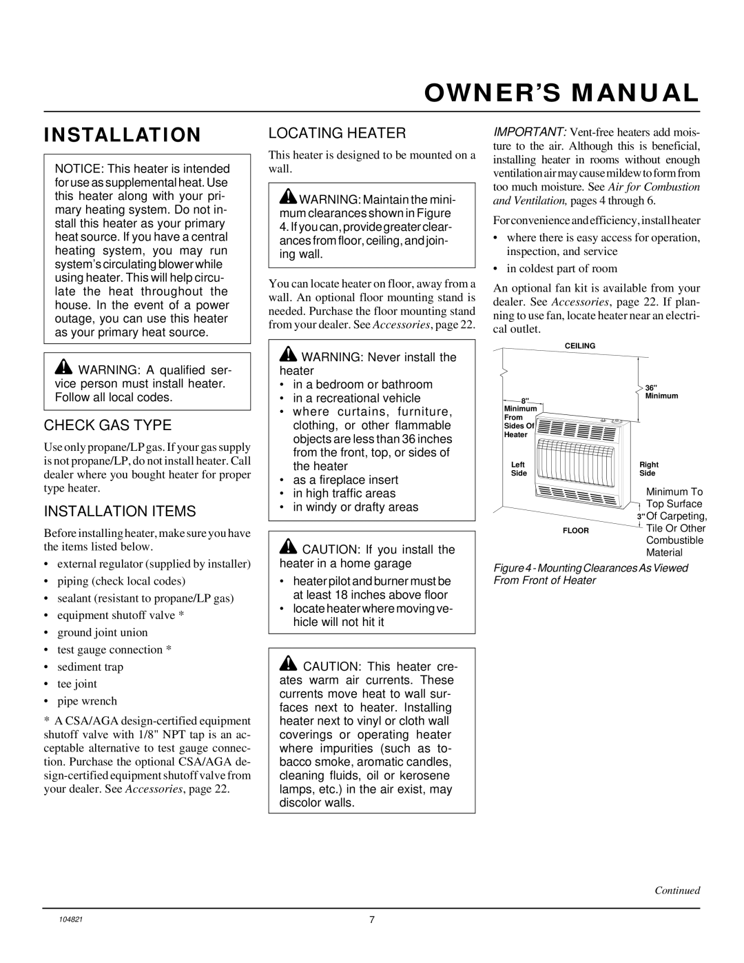 Desa VP1600TB, VP2600TB installation manual Locating Heater, Check GAS Type, Installation Items 