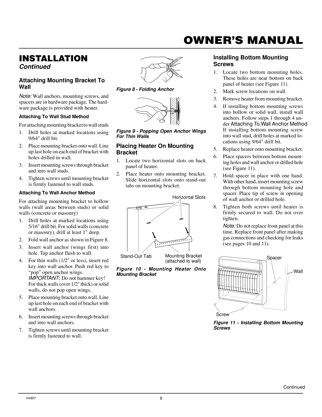 Desa VP1600TB Attaching Mounting Bracket To Wall, Placing Heater On Mounting Bracket, Installing Bottom Mounting Screws 