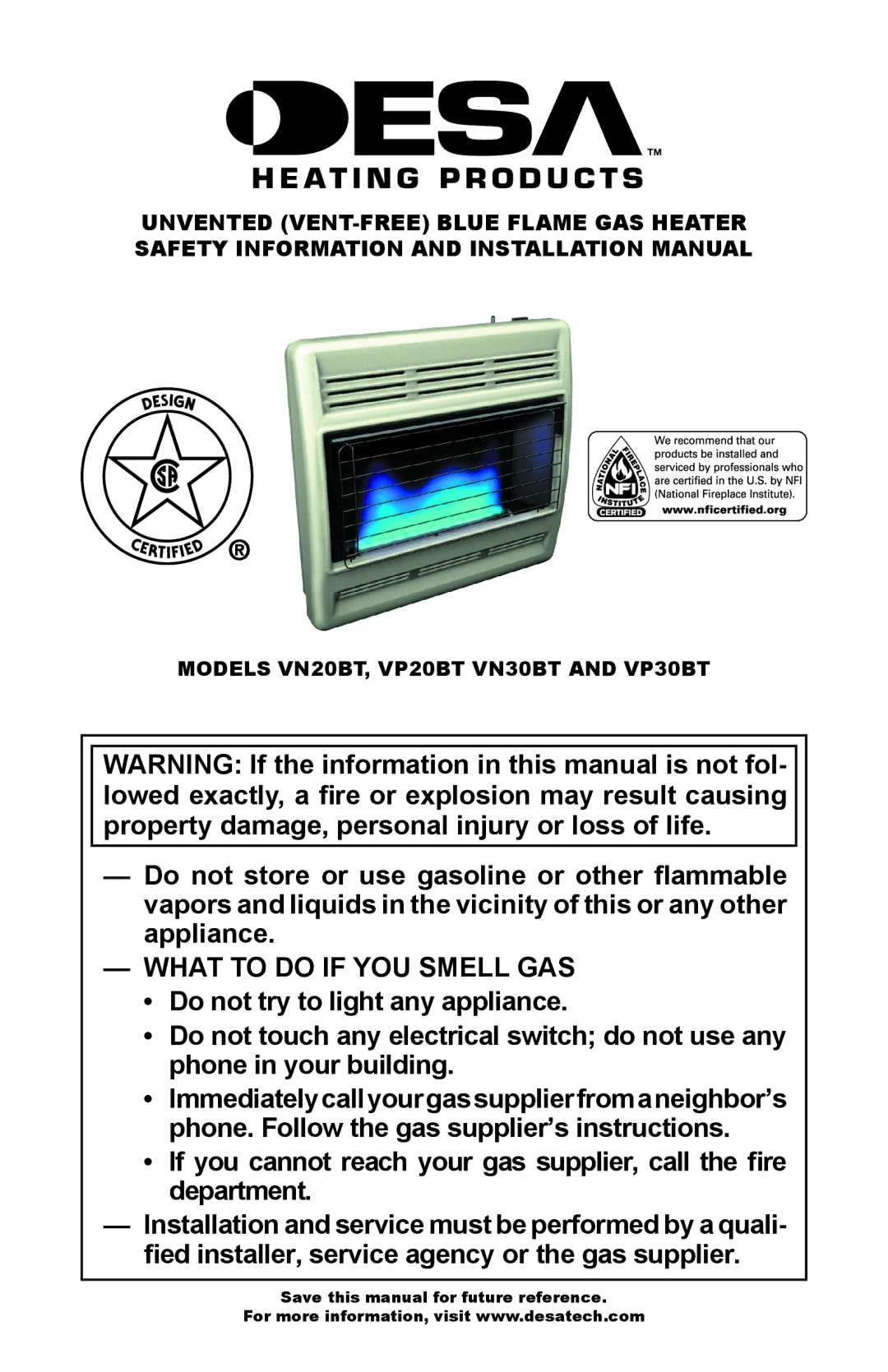 Desa VP20BT, VP30BT, VN30BT, VN20BT installation manual What to do if YOU Smell GAS 