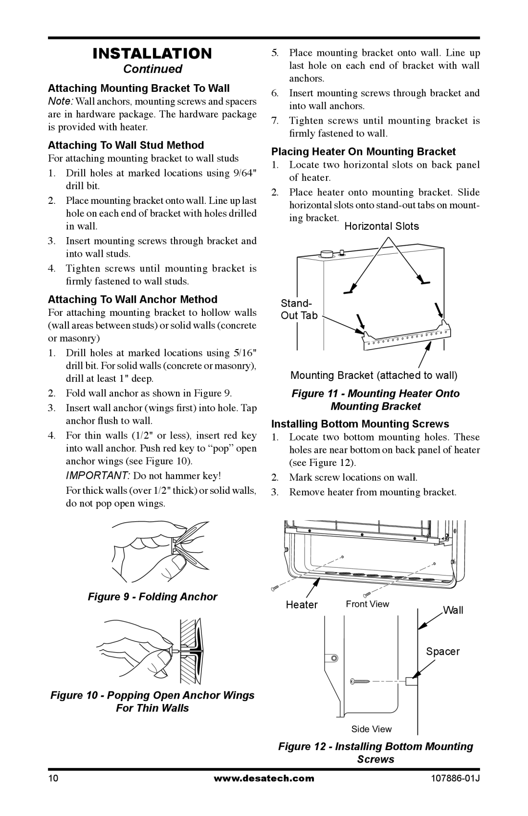 Desa VN30BT, VP30BT Attaching To Wall Anchor Method, Placing Heater On Mounting Bracket, Installing Bottom Mounting Screws 