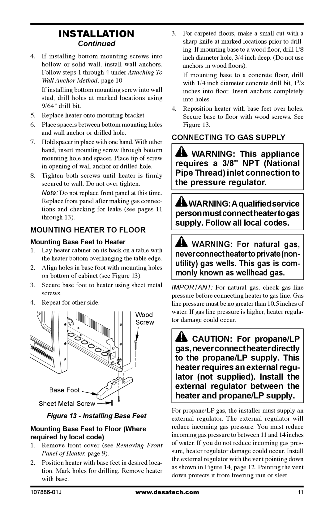 Desa VN20BT, VP30BT, VP20BT, VN30BT Mounting Heater to Floor, Connecting to GAS Supply, Mounting Base Feet to Heater 