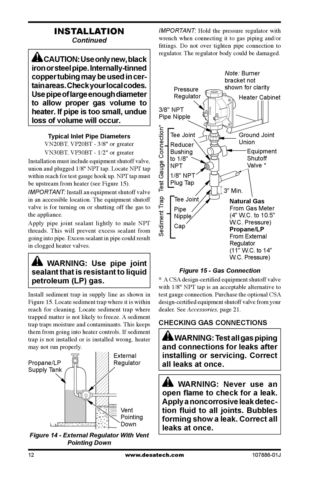 Desa VP20BT, VN20BT installation manual Checking GAS Connections, VN30BT, VP30BT 1/2 or greater 