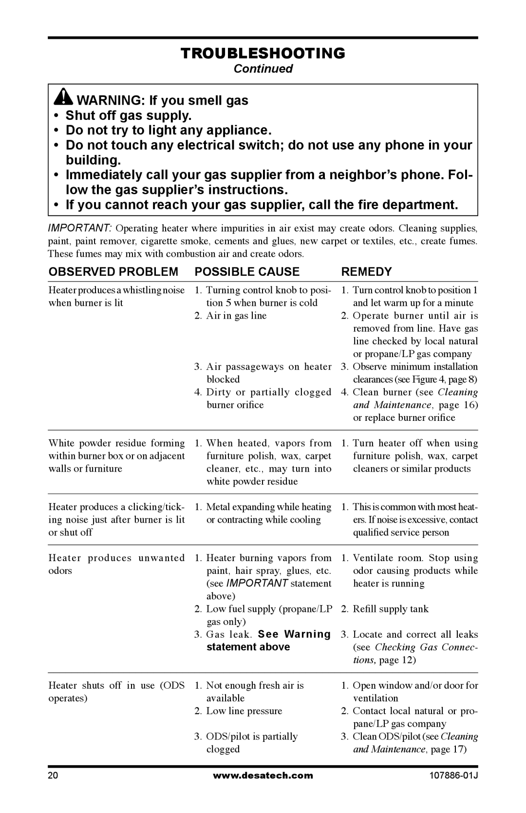 Desa VP30BT, VP20BT, VN30BT, VN20BT installation manual Gas leak. See Warning, Statement above 