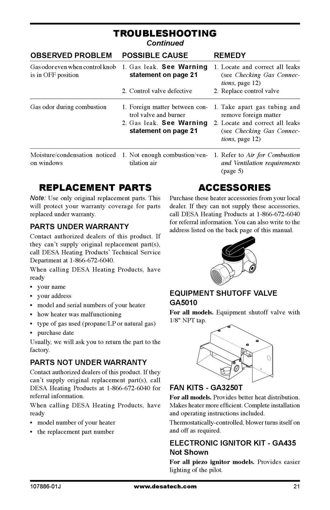 Desa VP20BT, VP30BT, VN30BT, VN20BT installation manual Replacement Parts, Accessories 