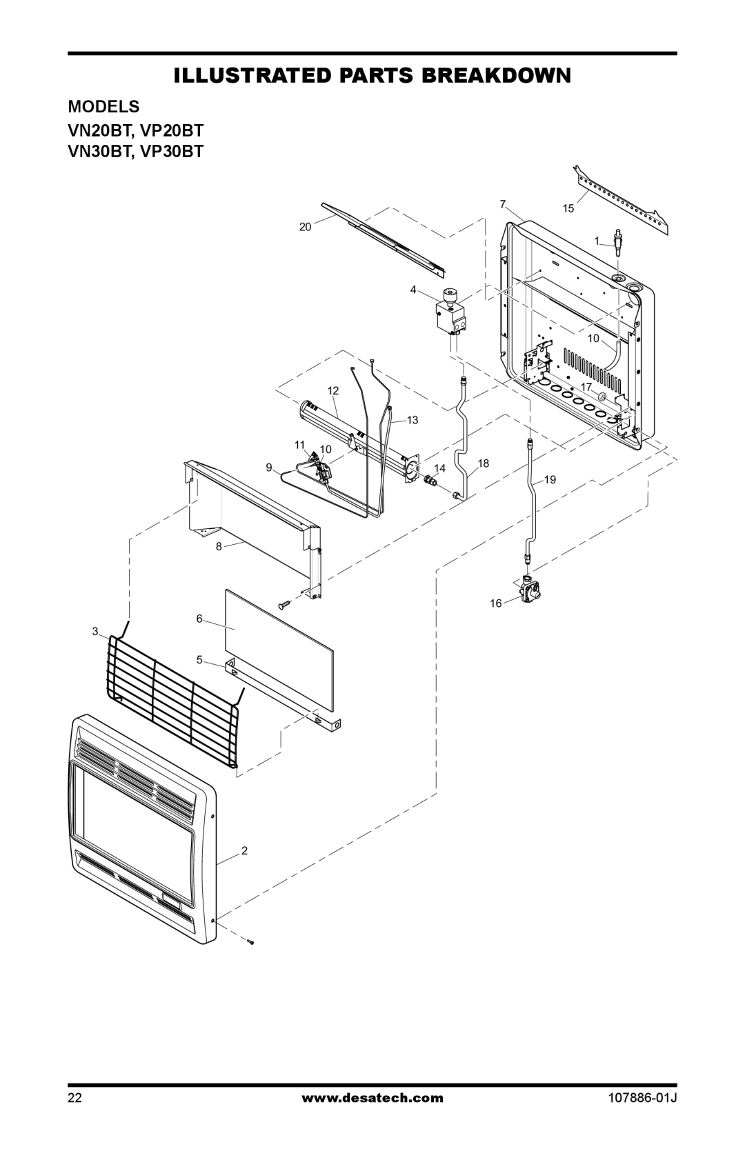 Desa installation manual Illustrated Parts Breakdown, Models VN20BT, VP20BT VN30BT, VP30BT 