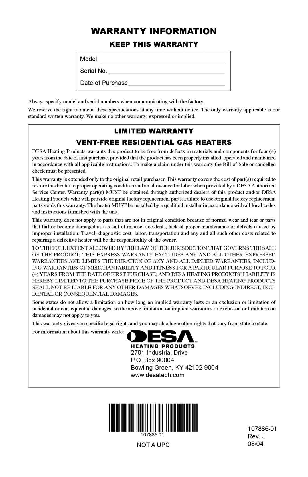 Desa VP30BT, VP20BT, VN30BT Warranty Information, Keep this Warranty, Limited Warranty VENT-FREE Residential GAS Heaters 