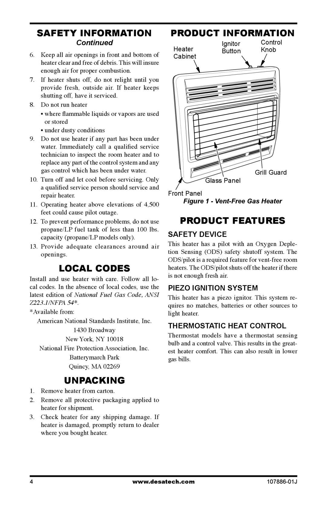 Desa VP30BT, VP20BT, VN30BT, VN20BT installation manual Local Codes, Unpacking, Product Features 