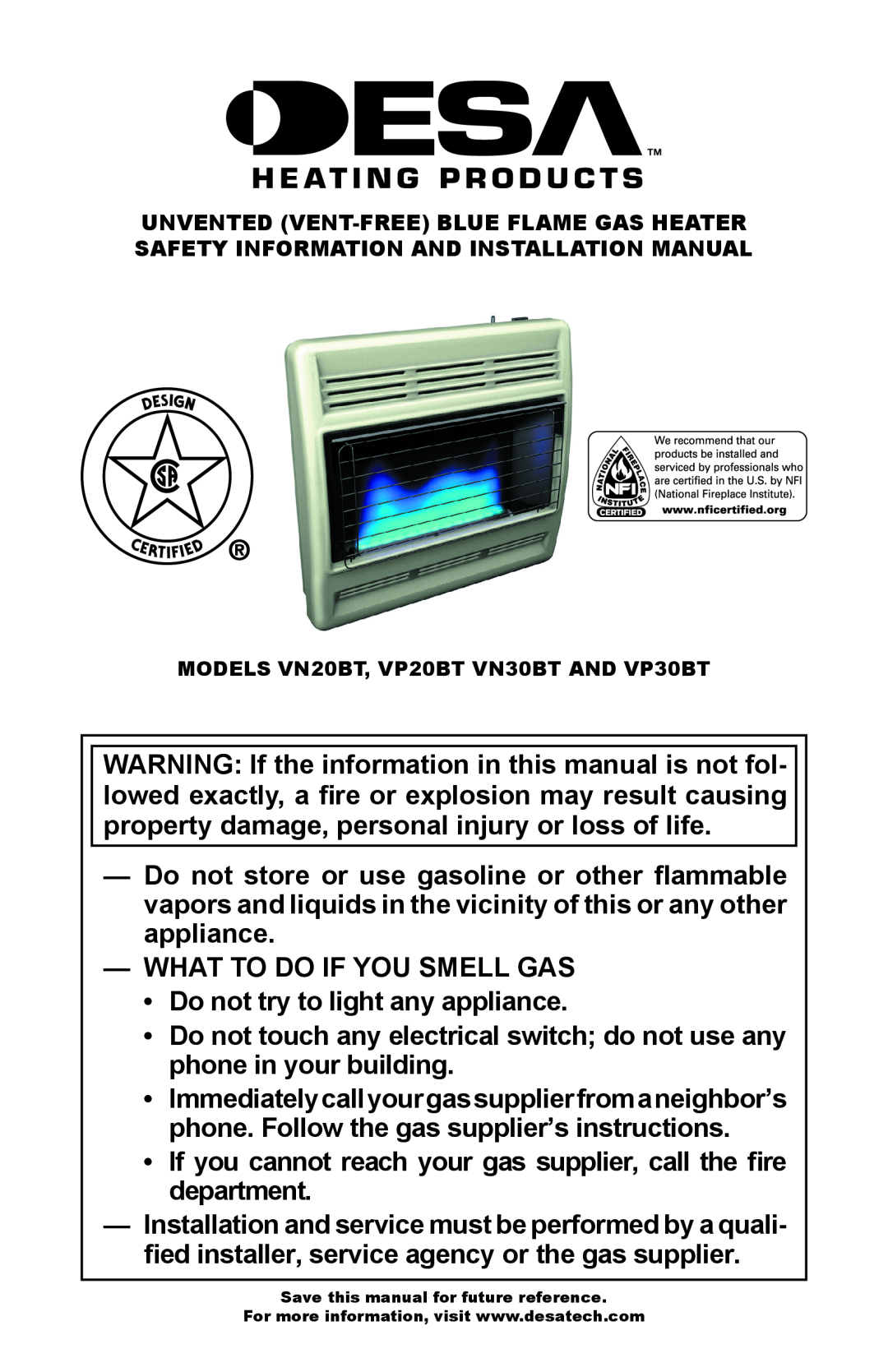 Desa VP20BT, VP30BT, VN30BT, VN20BT installation manual What To Do If You Smell Gas 