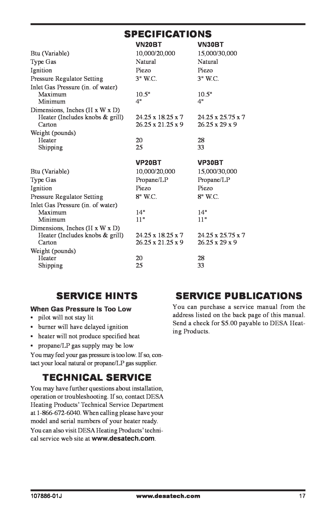 Desa VP20BT Specifications, Service Hints, Technical Service, Service Publications, VN20BT, VN30BT, VP30BT 