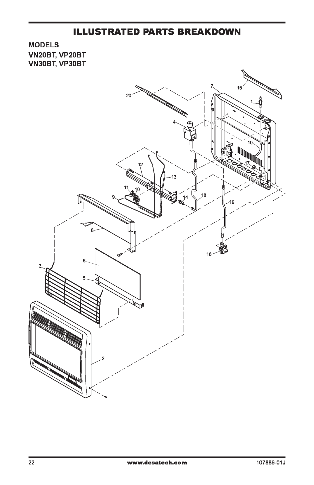 Desa installation manual Illustrated Parts Breakdown, MODELS VN20BT, VP20BT VN30BT, VP30BT, 107886-01J 