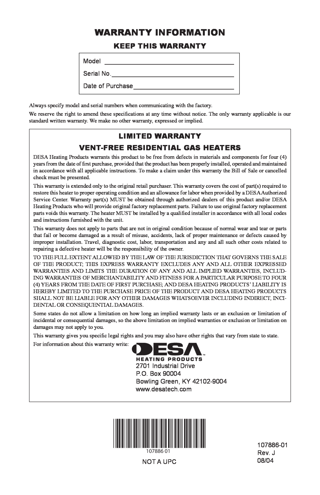 Desa VP30BT, VP20BT Warranty Information, Keep This Warranty, Limited Warranty Vent-Freeresidential Gas Heaters, 107886-01 