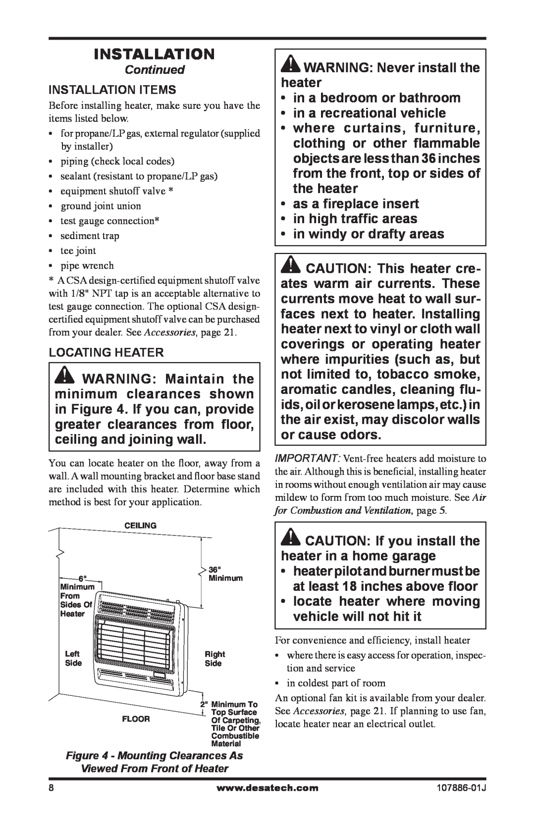 Desa VP30BT, VP20BT, VN30BT, VN20BT installation manual Installation, WARNING: Never install the heater 