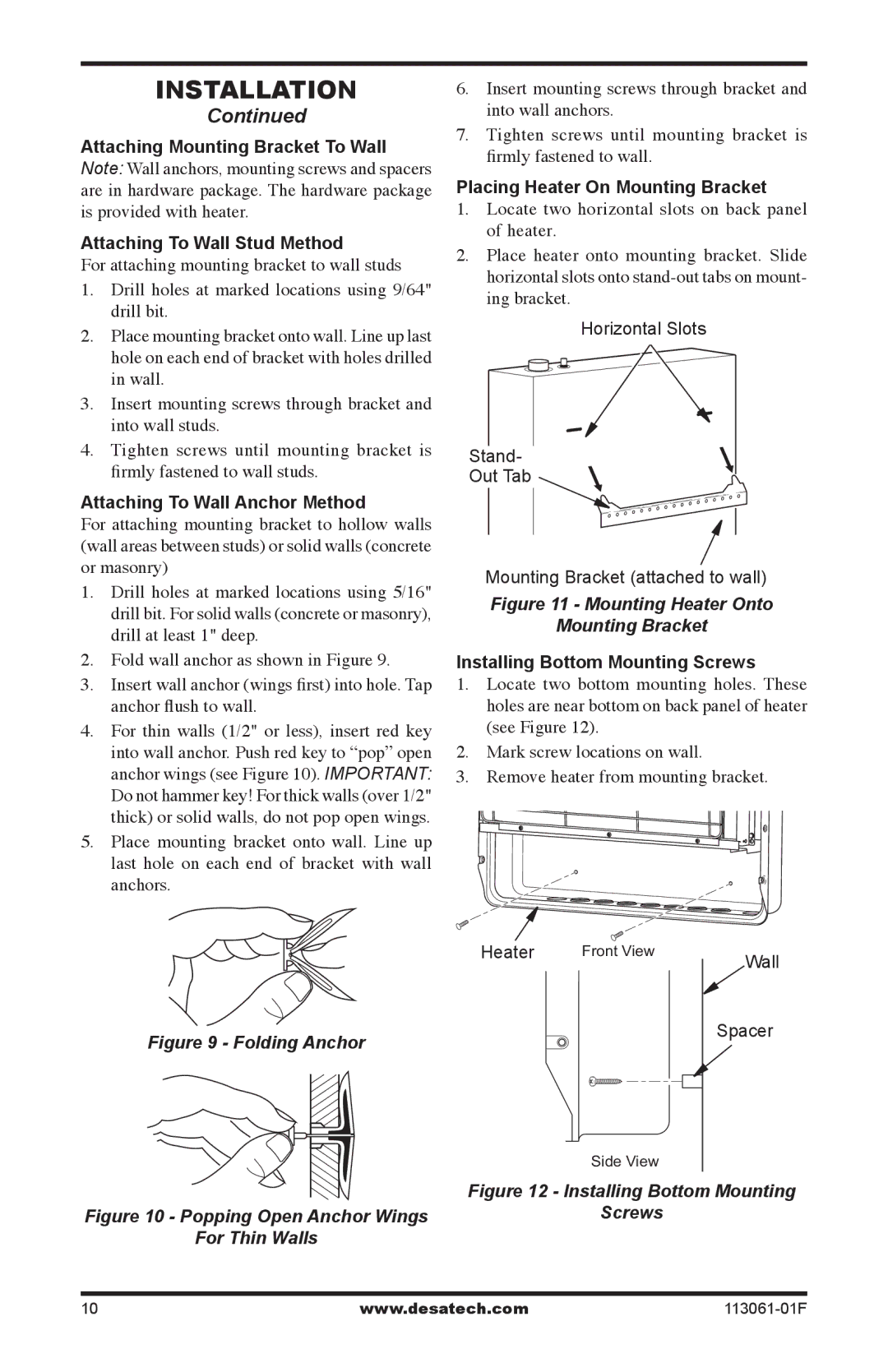 Desa VP20BTA Attaching To Wall Anchor Method, Placing Heater On Mounting Bracket, Installing Bottom Mounting Screws 