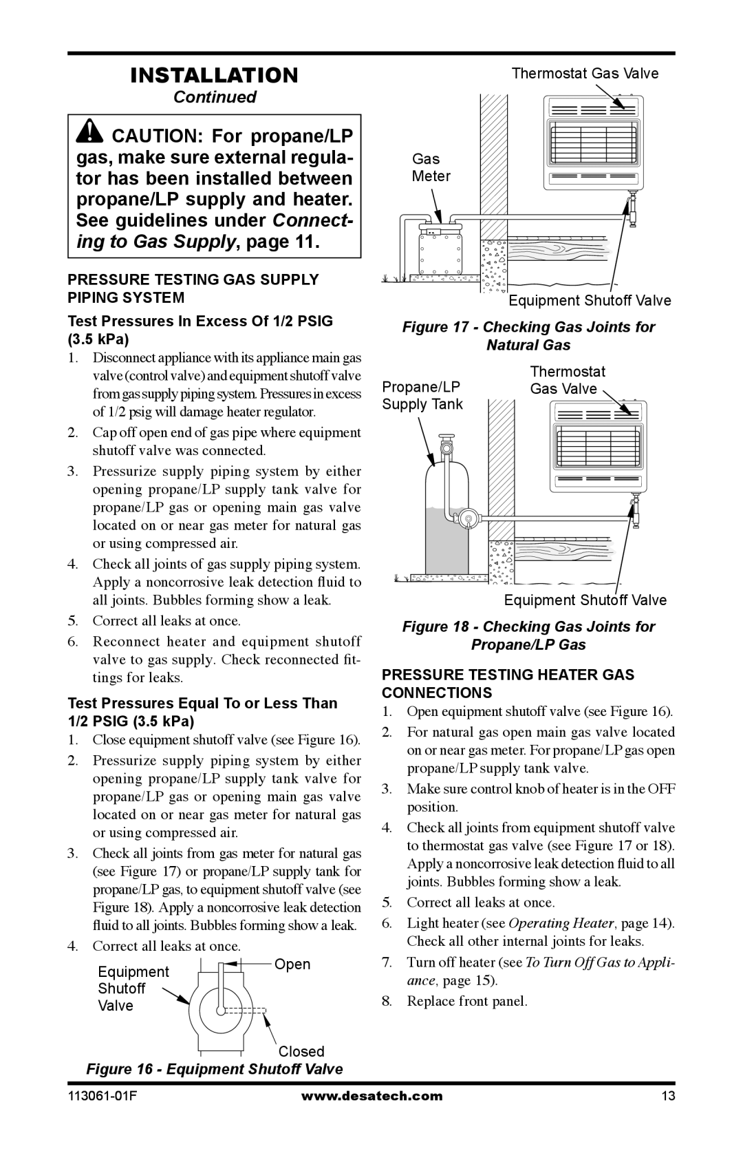 Desa VN30BTA, VP30BTA, VP20BTA Test Pressures Equal To or Less Than Psig 3.5 kPa, Pressure Testing Heater Gas Connections 