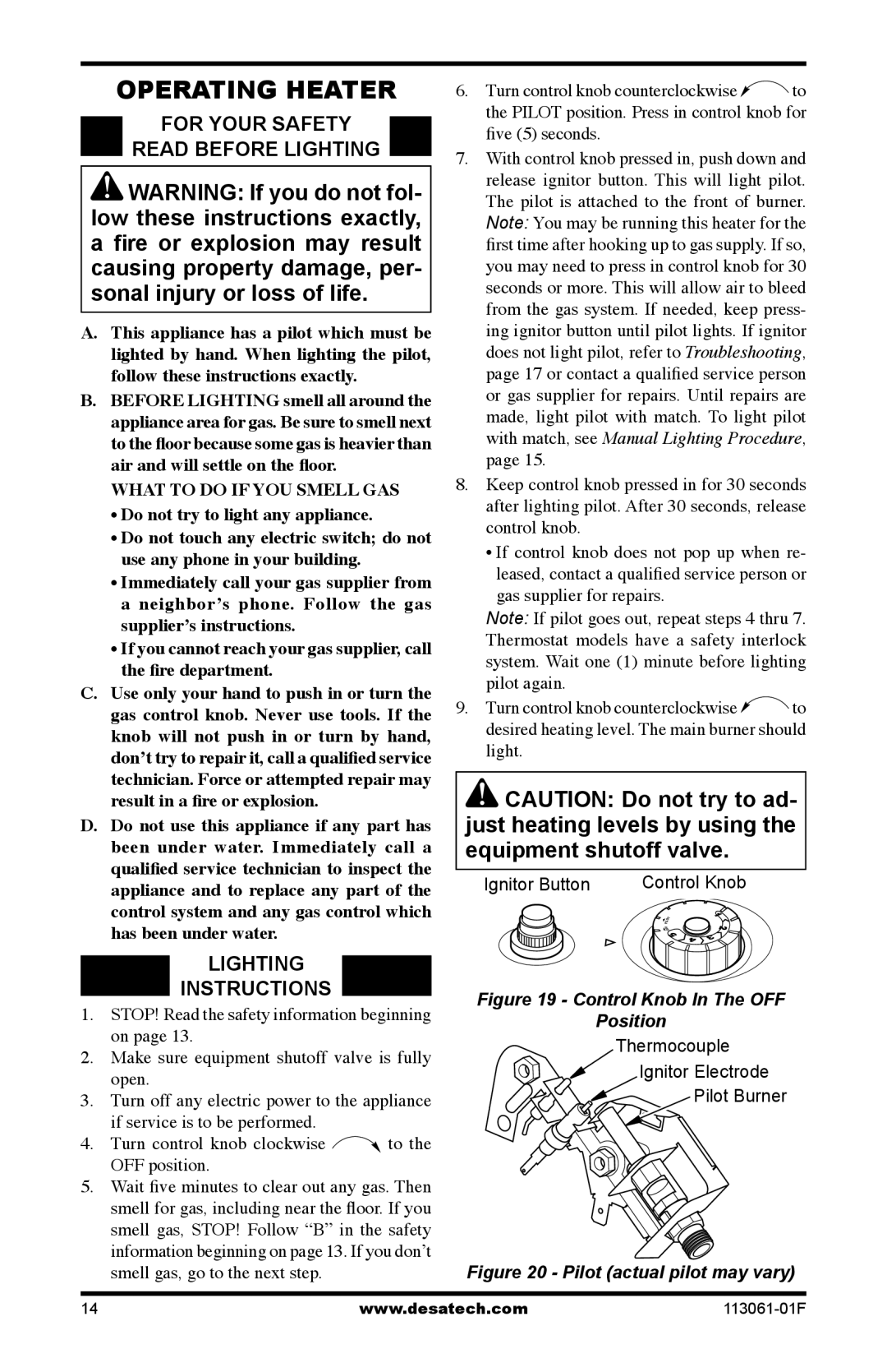 Desa VP20BTA Operating Heater, For Your Safety Read Before Lighting, Lighting Instructions, Ignitor Button Control Knob 