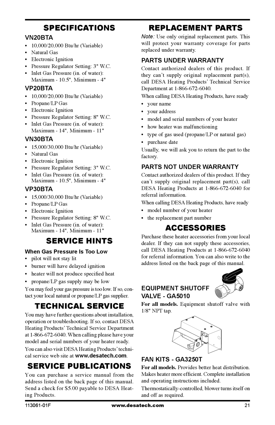 Desa VN30BTA Specifications, Service Hints, Technical Service, Service Publications Replacement Parts, Accessories 