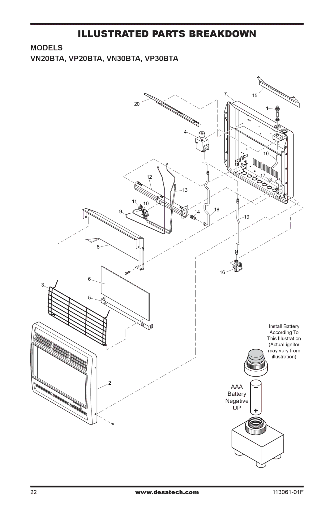 Desa installation manual Illustrated Parts Breakdown, Models, VN20BTA, VP20BTA, VN30BTA, VP30BTA 