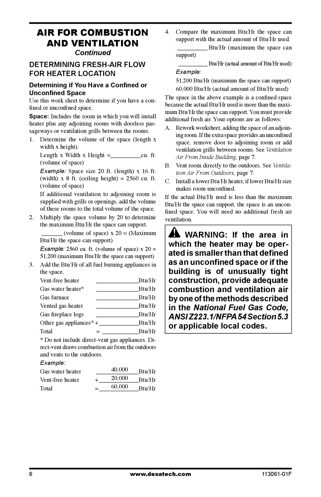 Desa VP20BTA, VP30BTA, VN30BTA, VN20BTA AIR for Combustion Ventilation, Determining FRESH-AIR Flow for Heater Location 