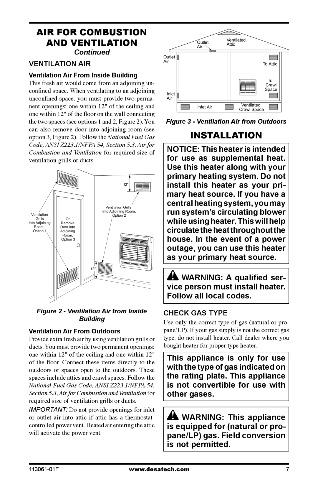 Desa VN20BTA, VP30BTA, VN30BTA, VP20BTA Installation, Ventilation AIR, Check GAS Type, Ventilation Air From Inside Building 