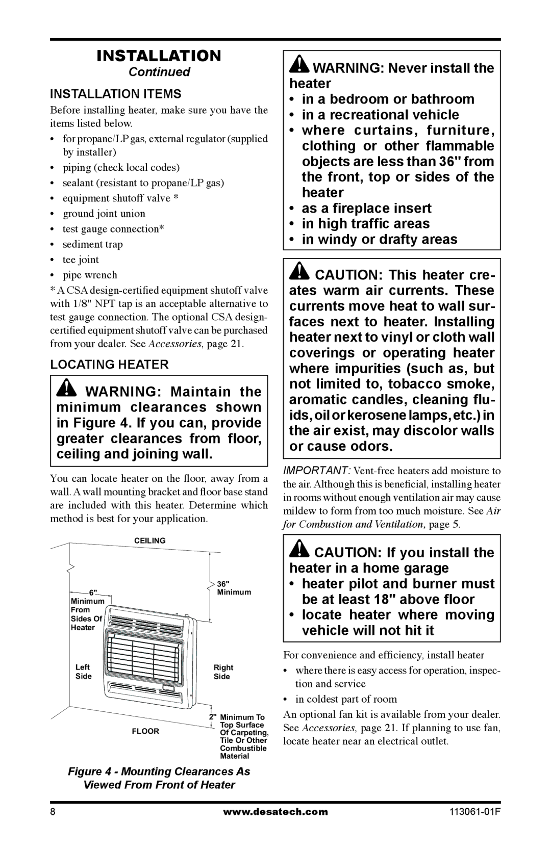 Desa VP30BTA, VN30BTA, VP20BTA, VN20BTA installation manual Installation Items, Locating Heater 