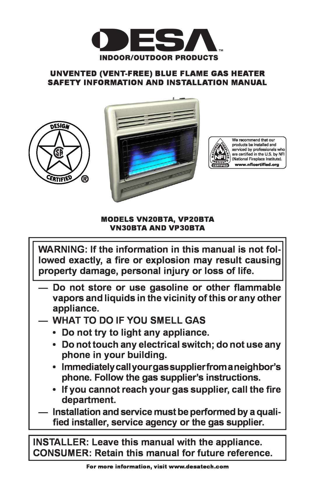 Desa VN30BTA, VP30BTA, VP20BTA, VN20BTA installation manual What To Do If You Smell Gas 