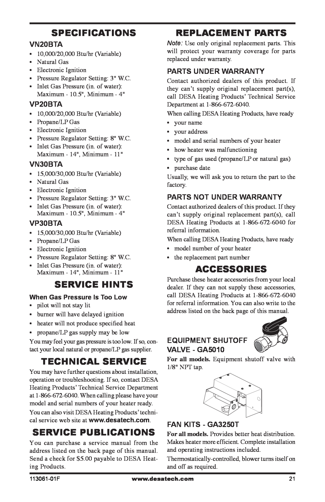 Desa VN30BTA Specifications, Service Hints, Technical Service, Service Publications, Replacement Parts, Accessories 
