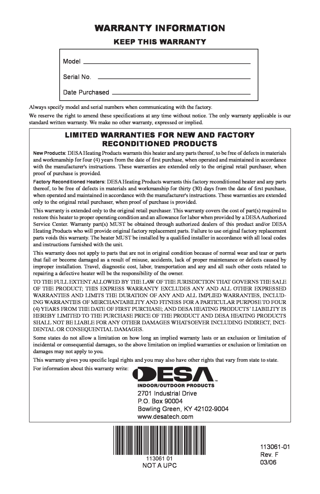 Desa VP30BTA Warranty Information, Keep This Warranty, Limited Warranties For New And Factory, Reconditioned Products 