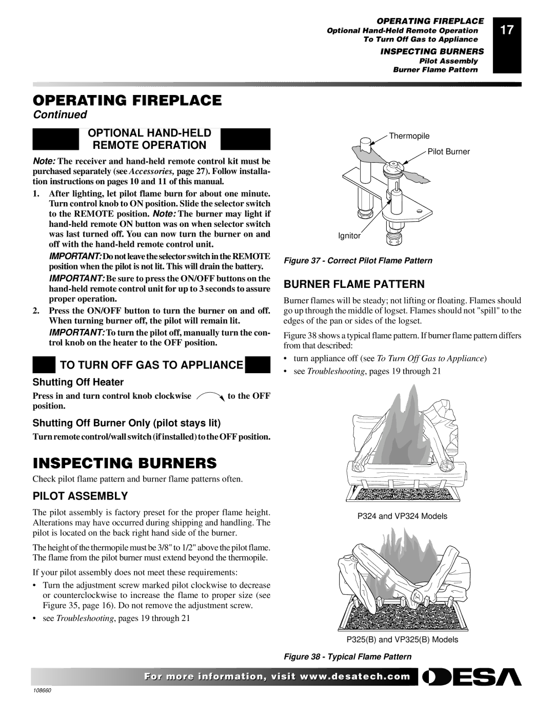 Desa VP325(B), VP324 Inspecting Burners, Optional HAND-HELD Remote Operation, Burner Flame Pattern, Pilot Assembly 