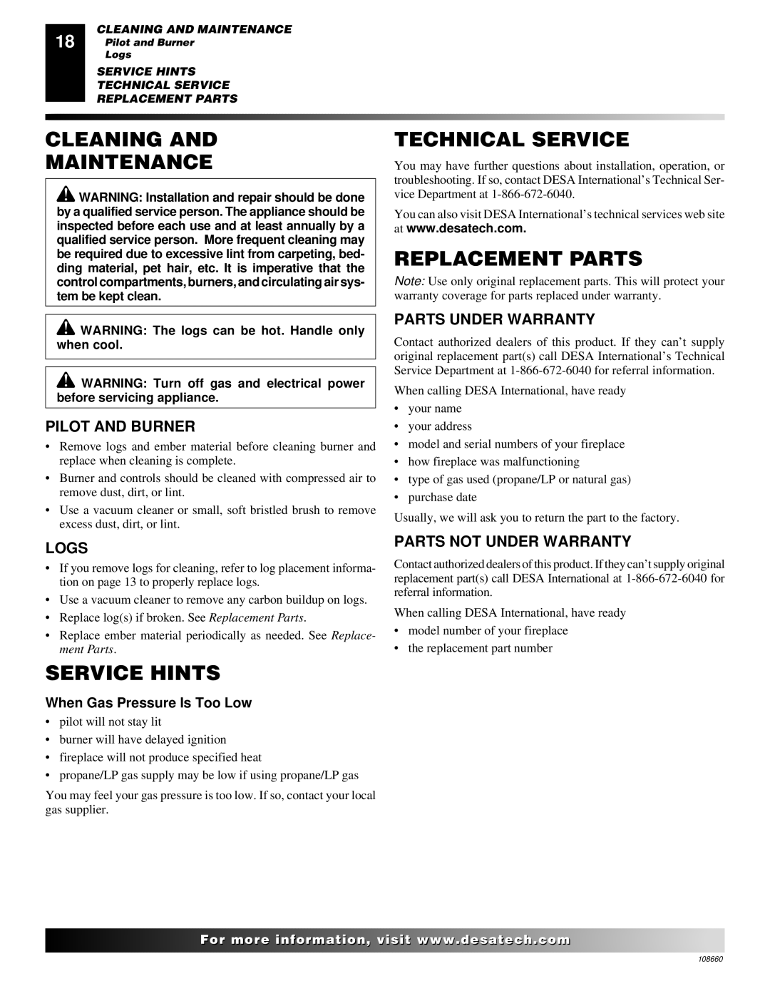 Desa VP324, VP325(B) installation manual Cleaning Maintenance, Technical Service, Replacement Parts, Service Hints 